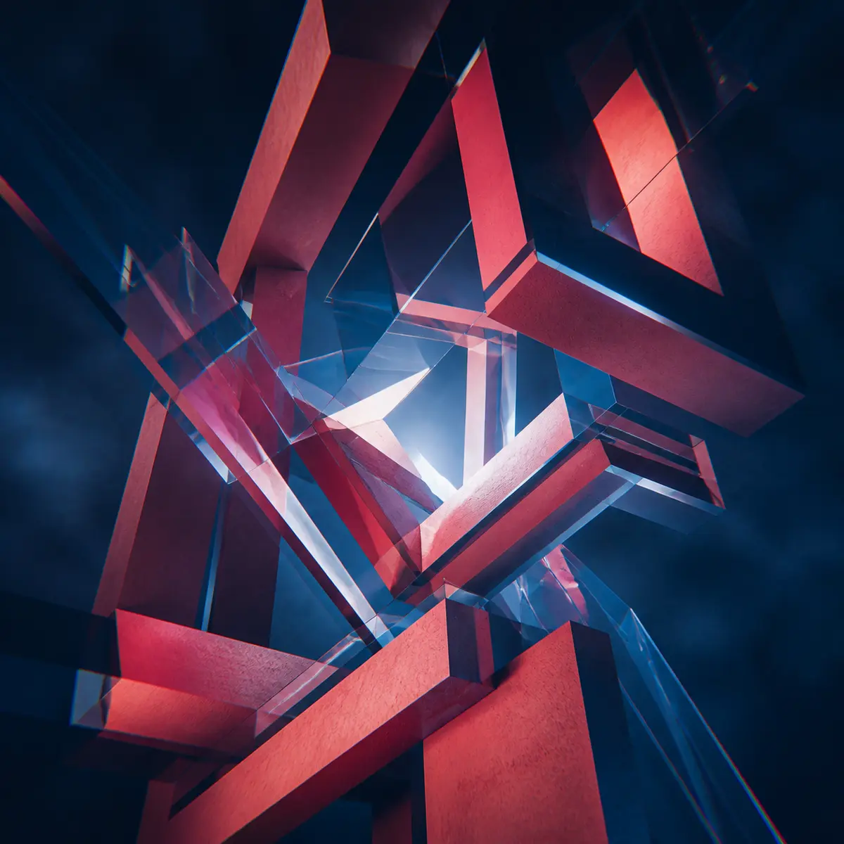 Red geometric ribbons intersecting blue glass, original Informatica artwork